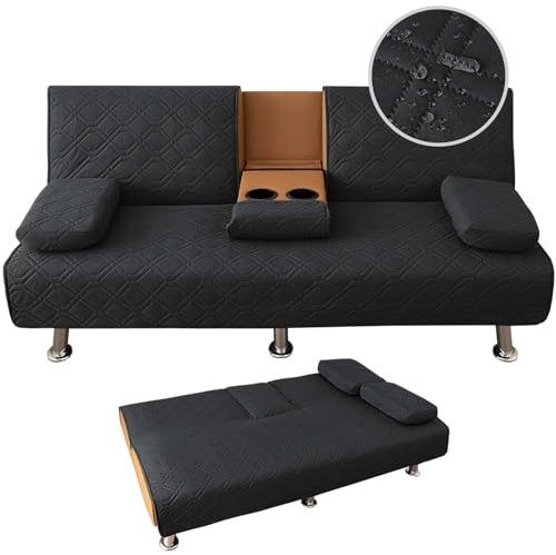 SYLC 4-Piece Waterproof Click Clack Sofa Bed Cover - 3 Seater, Quilted Convertible Folding Futon Cover with 2 Removable Armrests and 1 Cup Holder (Black, 1 Set)