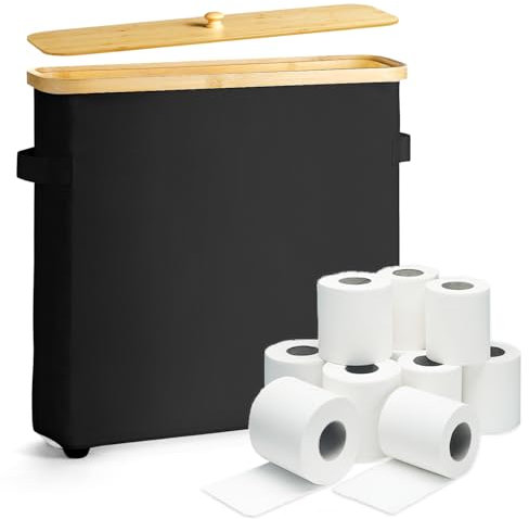 Toilettenpapier Aufbewahrung Korb mit Deckel und Griff, Bambus Toilet Paper Organizer Badezimmer Organizer mit Fußpolster, Toilettenpapier Aufbewahrungsbehälter für 12 Rollen Klopapier Schwarz