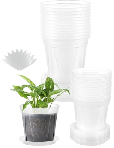 TineDew 24 pcs 5/6 inch Clear Nursery pots with Trays,Thick Plastic Clear Plant pots with Drainage Holes and Saucers for Orchids,Succulents etc,Outdoor or Indoor use (5/6inch with 24 Trays)