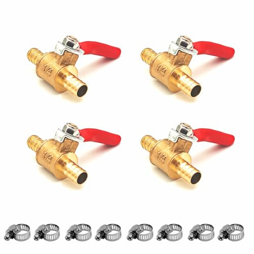 4 Stück 8mm 2 Wege Absperrkugelhahn mit 8 Klemmen, Gerade Schlauchtülle, Schlauchtülle Schalter Messing Kugelhahn, Rohrverschraubungen 180 Grad Bediengriff, Messingventil (8mm)