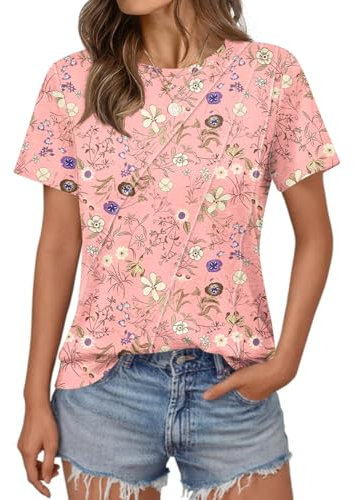 EFFAN Womens Summer Pleated Flowy Tops Short Sleeve Casual T-Shirts Ladies Going Out Dressy Loose Fit Blouses, Pink Floral, XXL