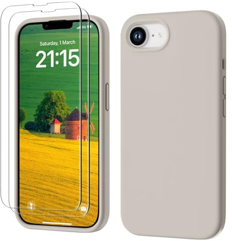 GOODVISH 3 IN 1 for iPhone 16e Case Liquid Silicone 2025 with 2 HD Screen Protector, Full Body Protective Cover Anti Slip Slim Gel Rubber Soft Microfiber Lining iPhone 16e Phone Case, Stone Grey