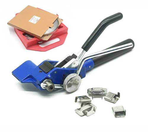 LWDXMYKW Stahlband-Umreifungsset, Stahlband-Spanner-Schneidwerkzeug mit 30,4 m Langer Bandspule aus Edelstahl 304, 100-teilige Stahl-Ohrverschlussschnalle zum Umreifen und Verpacken