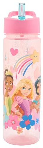 Disney Princess Kids Water Bottles with Straw - 600ml BPA-Free Princess Drinks Bottle with Carry Handle - School Water Bottle with Removable Straw