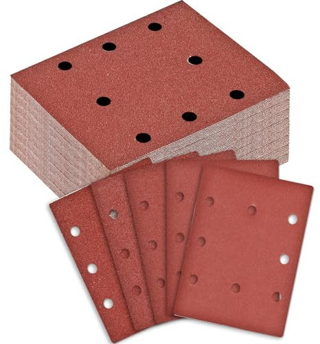 BIGP 100 Stück Schleifblatt Set, 110x115mm Rechteckiges Schleifpapier Klett Körnung 40/60/80/120/240, 8 Löcher, Zubehör für Multischleifer, Schwingschleifer, für Holz Metall und Farbe