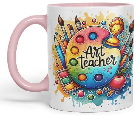 Vixar Art Teacher Mug Thank You, End of School Gift Ceramic Coloured Mug Cup for Tea Coffee Hot Brew 330ml 11Oz Gift (Pink)