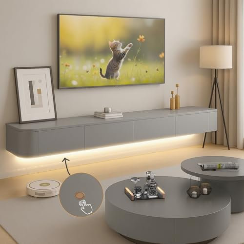 Ribanedy Modern Floating TV Unit with LED Lighting | Wall-Mounted Entertainment Media Console | Large Storage TV Bench for Living Room & Office (Gray, 47.2'')
