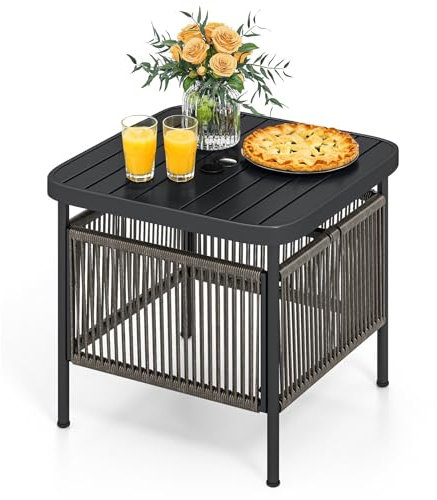 LIFEZEAL Table basse de jardin, petit balcon, extérieur, avec trou pour parasol, 56 x 56 x 49 cm, en rotin PE, métal, avec plateau à barres, pieds réglables, max 50 kg, moderne, peu encombrant, noir