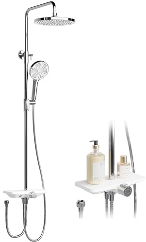 Duscharmatur Komplettset,Duschsystem mit Regendusche und Handbrause mit 24.5cm Rund Regendusche,3 Strahlarten Duschkopf 13cm,201 Edelstahlrohr Chromrohr + Chromdüse + Weißwasserverteiler