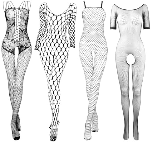 viiotu 4 Pack Women Fishnet Bodysuit Lingerie Set, Lace Mesh Teddy Sleepwear, Sexy Babydoll Outfits, Stretchy See Through Underwear, for Romantic Nights Black