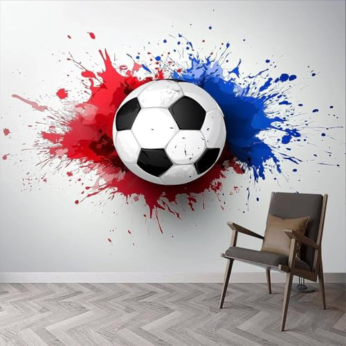 Buohwiwe Mural Wallpaper Football, 3D Effect Panoramic Photo Wallpaper Red Blue Football Non-Woven Murals 300x210 cm Art Print Wall Poster Mural Bedrooms Living Room Modern Decoration q.9844