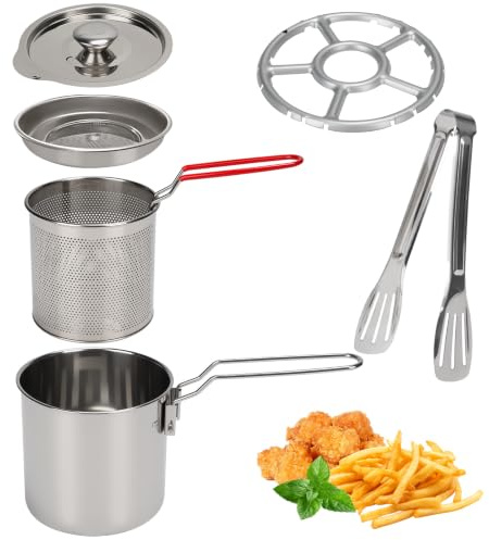 Les-Theresa 1200Ml Steel Pour Fry Pot, Deep Frying Pot with Basket and Lid Cooking Oil Filter Pot, Cooking Oil Strainer Pot with Clip Stove Top Deep Fryer for Storing, Frying, and Cooking (1.2L)