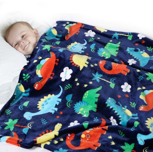 Dinosaurier Decke für Kinder, Kuschelige Dino Fleecedecke für Jungen und Mädchen, Weiche Flanell Decke mit Buntem Niedlichem Dinosaurier Design, Warme Kinderdecke Sofa Decke, (100 x 130 cm, Blau)