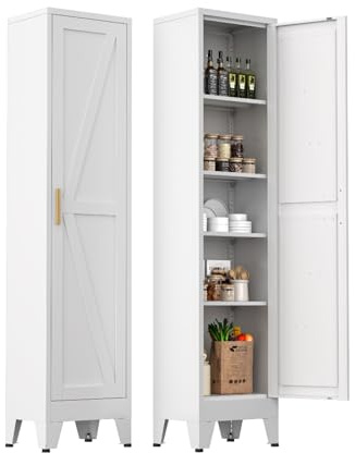 Mehrzweckschrank 40 cm breit, küchenschrank mit 1 Tür, Verstellbarer 5-Stufiger Metallschrank, Vorratsschrank, Allzweckschrank, Schrank Schmal für Küche, Esszimmer, Wohnzimmer und Badezimmer-Weiß-A