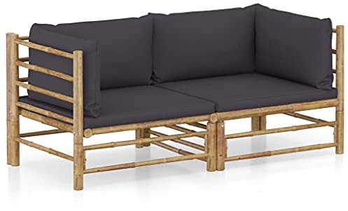 Kaloriko 2-TLG. Garten-Lounge-Set mit Dunkelgrauen Kissen, Bambus Outdoor Möbel für Terrasse, Balkon, Robustes Loungeset, Inklusive weicher Sitz- und Rückenkissen