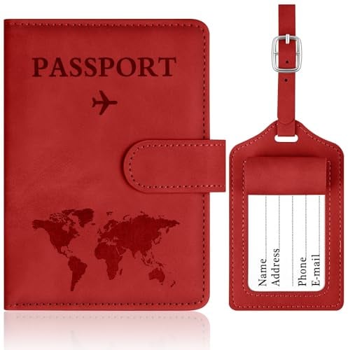 OFFCUP Custodia per Passaporto, Custodie Porta Passaporto con Blocco RFID, Custodia Passaportos con Etichetta Valigia in Pelle PU per Carte d'Identità Carte di Credito, Passaportos Pass (Rosso)