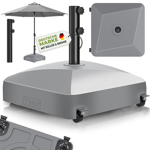 tillvex® Base per ombrellone GRAVIA e Ruote e Freni | Zavorra ombrellone riempibile 37L/56kg | Piedistallo per ombrelloni Giardino e Mercato Ø1,8-3,7m | Resistente a intemperie e UV (Grigio)