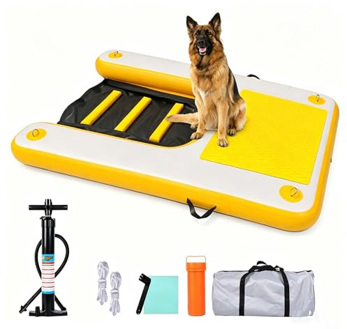 HEYLIFE Rampa Gonfiabile Per Cani Fino a 82 kg Piscina Lago Giallo | Rampette Per Cani Resistenti UV E Acqua Salata, 120×90×10 Cm, Antiscivolo Antigraffio, Pompa Doppia Azione + Kit Accessori