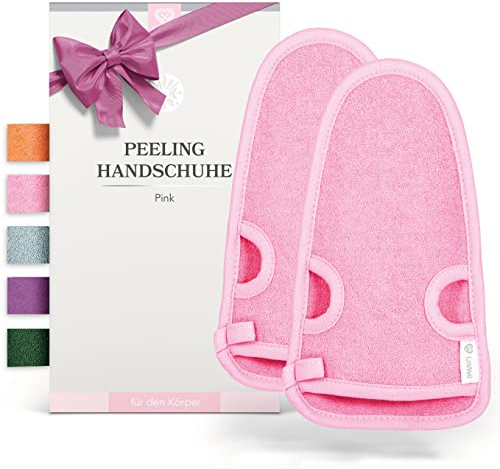 LoWell® 2 Stück Peelinghandschuh Körper, Hamam Handschuh Peeling für Körper und Gesicht, Handschuh Peeling, Exfoliating Gloves, Body Scrub, Bonus Peeling Guide und 2 Saugnäpfe, Pink