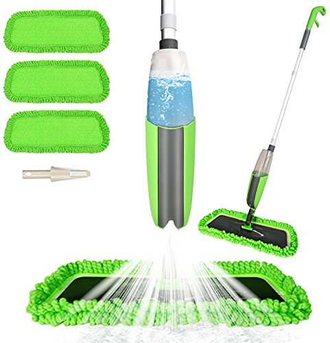 Aiglam Spray Mop, Mopa con pulverizador Limpiador de Ventanas y Escoba Barredora de Empuje Manual con Almohadilla de Microfibra Reutilizable para Suelos laminados, alicatados y de Madera (Verde)