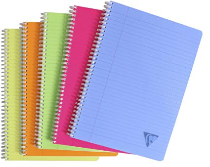 Clairefontaine 328146C - Packung mit 5 Doppelspiralbücher Linicolor Fresh DIN A4, 90 Blatt 90g, liniert mit Rand, farbig sortiert, 1 Pack