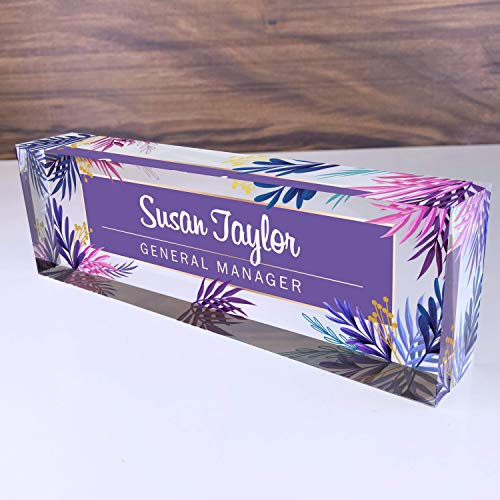 Artblox Office Desk Name Plate Personalized | Custom Name Plates for Desks | Purple Leaf Design On Clear Acrylic Glass | Office Desk Decor - (8 x 2.5)