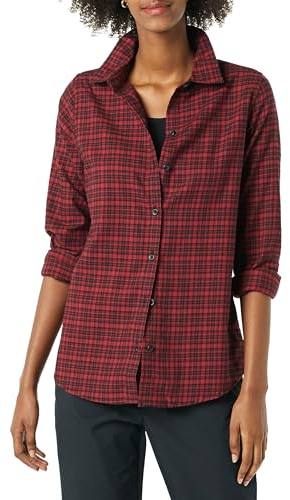 Amazon Essentials Chemise en Flanelle à Carreaux Légère, Manches Longues, Coupe Classique Femme, Noir Rouge À Carreaux Petit, M