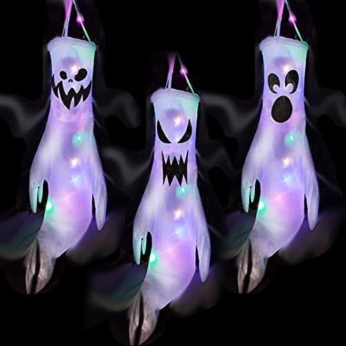 3 StüCk Halloween WindsäCke Geist Windsack HäNgen Dekoration, Mit WarmweißEn Led Lichtern, Biegbar Geisterflagge Windsocken Geistergesicht, FüR Zuhause, Hof, Terrasse, Rasen, Garten (TypB)