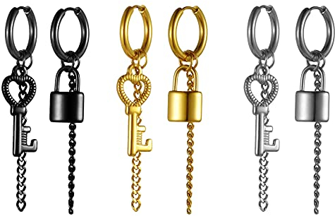 JewelryWe Schmuck 3 Paar Herren Ohrringe Set Creolen mit Schloss, Schlüssel und Kette Anhänger Edelstahl Hängend Ohrhänger Huggie Ohrstecker Geschenke für Herren Damen Schwarz Gold Silber