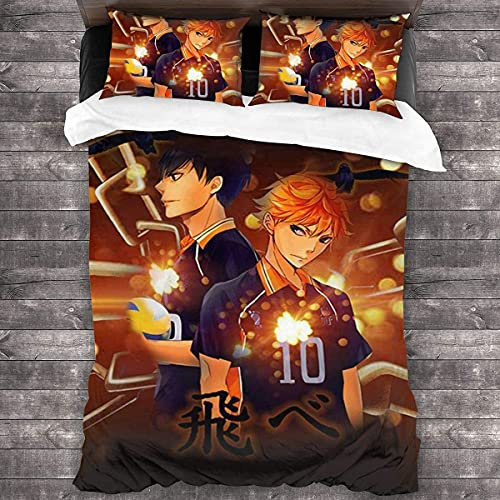 ANSSON Haikyuu Anime Bettwäsche-Sets Kinder Bettbezüg und 2 Kissenbezug Tobio Kageyama/Kozume Kenma/Shoyo Hinata Fanartikel Bettwäsche (Single 135x200, Shoyo1)