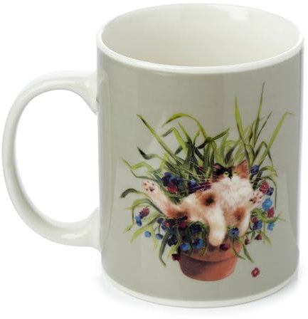 Puckator Kim Haskins Cat in a Plant Pot Green Porcelain Tea Coffee Mug Funny Home Accessories Cute Gifts for Girlfriend Large Mugs for Men Women Hot Drinks Cups Presents Secret Santa Gift Cup Set