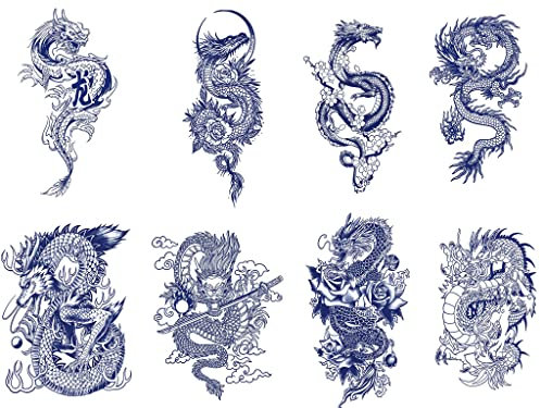 8 feuilles autocollants de tatouage de jus autocollants de tatouage semi-permanents à base de plantes autocollants de tatouage de dragon imperméables et résistants à la sueur durables