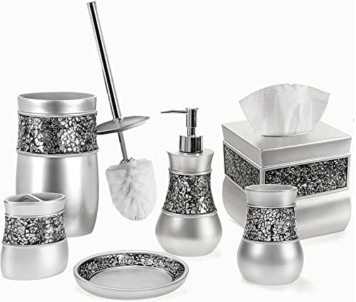 Creative Scents Silver Bathroom Accessories Set - Mosaic Glass 6 Piece Bathroom Set Includes: Toilet Brush and Holder Set, Tissue Box Cover, Toothbrush Holder, Soap Dispenser, Soap Dish & Tumbler
