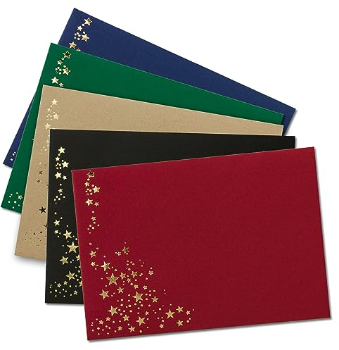 25x Weihnachts-Briefumschläge - DIN C6 - mit Gold-Metallic geprägtem Sternenregen - Farbenmix 10 - je Farbe 5 Stück - Nassklebung - 114 x 162 mm
