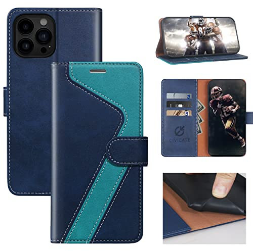 CIVICASE for iPhone 13 Pro Max Wallet Case,Leather Flip Case [RFID Blocking] Credit Card Holder Folio Magnetic Stand TPU Shockproof Cover Color Matching for iPhone 13 Pro Max (6.7) Blue Green