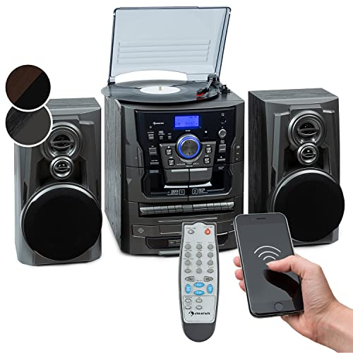 Auna Tocadiscos de Vinilo Vintage,Incluye Altavoces con Sistema Estéreo para Musica,Toca Discos con CD,Bluetooth y Entrada USB,Reproductor Vinilos Retro Radio FM,AUX,Giradiscos para Casa,Plateado