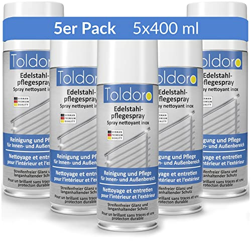 Toldoro 5x Edelstahl Pflegespray 400ml / Edelstahlreiniger für Küche oder Grill/Edelstahlpflege Spray als Edelstahl Reinigungsmittel oder Metallreiniger als Sprühflasche