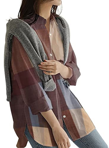 Damen Langarm Top T ShirtV-Ausschnitt Top Langarm Tunika Plaid Print Top Oberteil Damen
