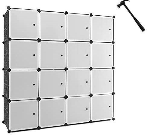 Multigot Portable Wardrobe, 6/12/16 Cube Clothes Storage Closet with Hammer, DIY Space Saving Modular Cabinet Storage Organizer for Clothes Shoes Toys (Black + White, 16 Cubes with Doors & 2 Hangers)