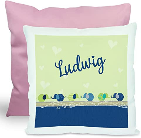 CreaDesign, Kinder Kissen 40x40 cm personalisiert mit Namen, Kinderzimmer Deko Kissen Kinder mit Füllung Federn, Motiv Elefanten blau grün, Rückenfarbe Rosa