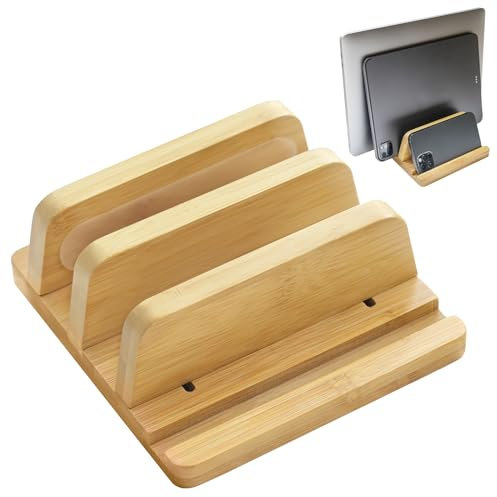 ROCDEER Vertikaler Laptop-Ständer für den Schreibtisch, doppelter Ständer mit verstellbarem Dock 2,5 cm bis 4,5 cm, passend für alle MacBook/Surface/Samsung/HP/Dell/Chrome Book, natürlicher Bambus