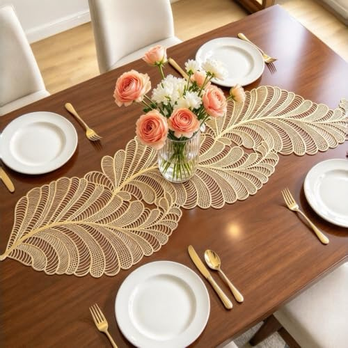 FAVE Goldfarben Tischläufer 90 cm, goldenes Blattdesign | Hitzebeständig, waschbar, für Hochzeit, Party, Feiertagsessen & Restaurantdekoration, leicht zu reinigen & kratzfest.