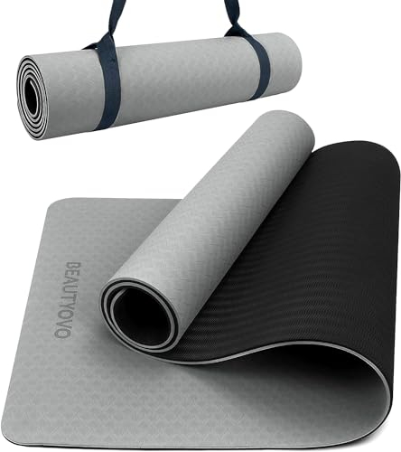 Yogamatte Rutschfest mit Tragegurt, 8mm Extradick Yoga Matte, TPE Schadstofffrei Sportmatte für Zuhause oder Draußen, Fitnessmatte für Yoga Pilates Workout, Gymnastikmatte Doppelseitig