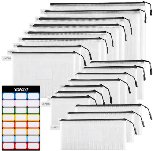 YOPCDJ 18 Pack 8 size Mesh zipper pouch bags, Waterproof Zipper Bags with Label Pocket,File Bags for Classroom Organization,Zipper Pouches of office supplies,Puzzles, Board Game Storage