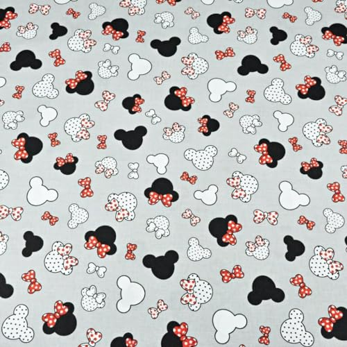 Textrend Baumwollstoff Stoffe Meterware - Stoff zum Nähen - 100% Baumwolle - Textilien 1x1.6m - Stoff mit Mickey-Muster (MIKI klein schwarz und rot mit Schleife auf grauem Hintergrund)