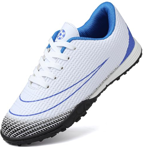 VTASQ Fußballschuhe Jungen Kunstrasen Fussballschuhe Kinder Professionelle Athletics Trainingsschuhe Indoor Outdoor Sportschueh Teens Football Schuhe Unisex Weiß Blau EU 39