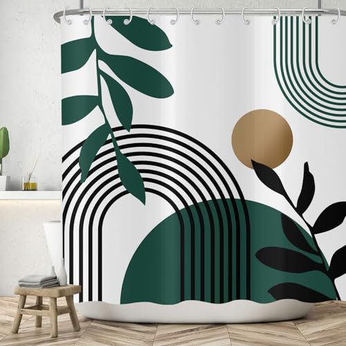 ASDCXZ Rideau de Douche Boho 180x220 cm, Style Boho Abstrait Moderne Feuilles Vertes Noires Marron Soleil Blanc Lavables en Textile Rideau de Bain imperméable pour Baignoire avec 12 Crochets