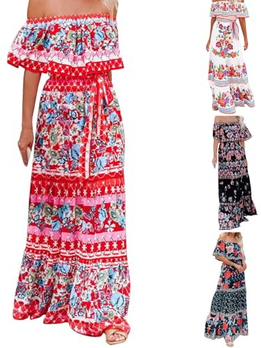 Sommerkleid Damen Mexikanerin Off Shoulder Mexikaner Mexikanisches Kleid Lang Strandkleid Leicht Maxikleid Zigeuner Sommerkleider Elegant Hawaii Spanierin Afrika Kostüm Mexikanische Blumenkleid @1