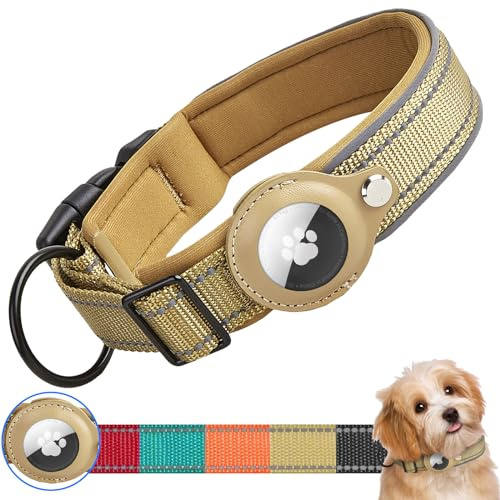 Ledeak Taktisches AirTag Hundehalsband, Wasserdicht Integriertes Apple AirTag Halter Reflektierendes Hunde Halsbänder, Gepolstertes Hundehalsband für Kleine, Mittlere und Große Hunde (Khaki, S)