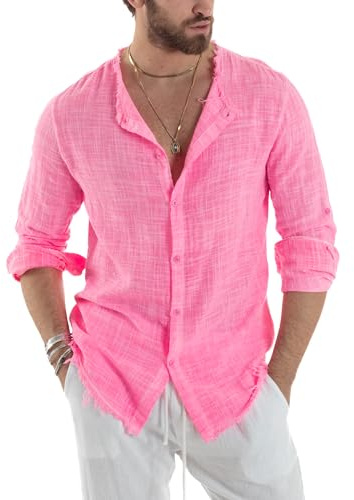 Giosal Camicia Uomo Sfrangiata Senza Collo Tinta Unita Casual Cotone Vari Colori (IT, Testo, S, Regular, Regular, Fucsia Fluo)
